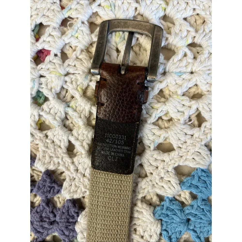 Columbia Leather Men's Brown & Tan Canvas Belt Size 42 Silver Buckle Classic